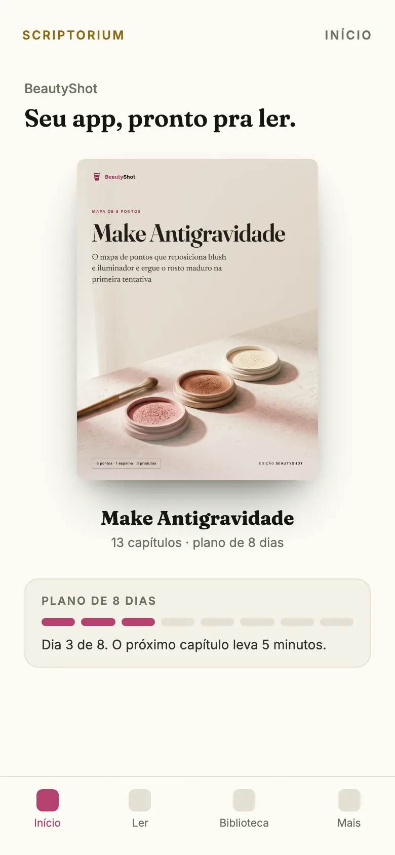 Capa do app: o ebook Make Antigravidade aberto na tela Início, com o plano de 8 dias