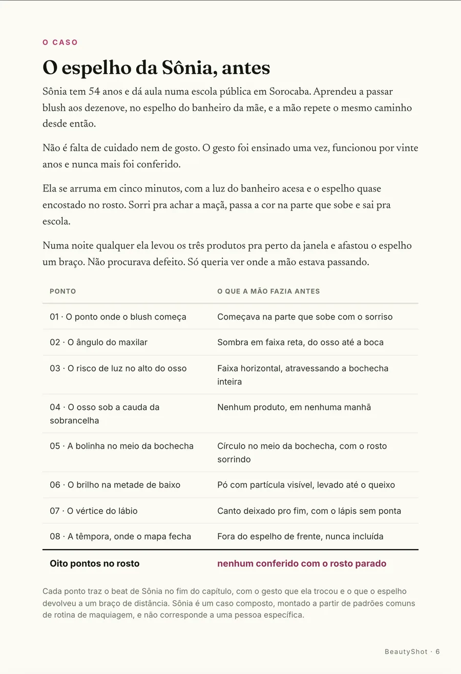 O caso: O espelho da Sônia, antes: oito pontos no rosto e nenhum conferido com o rosto parado